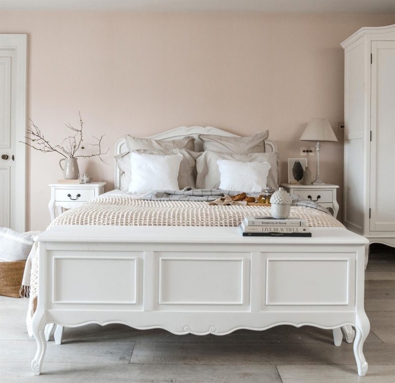 Bed Frame, French White Carved Wood Headboard with Cabriole Legs
