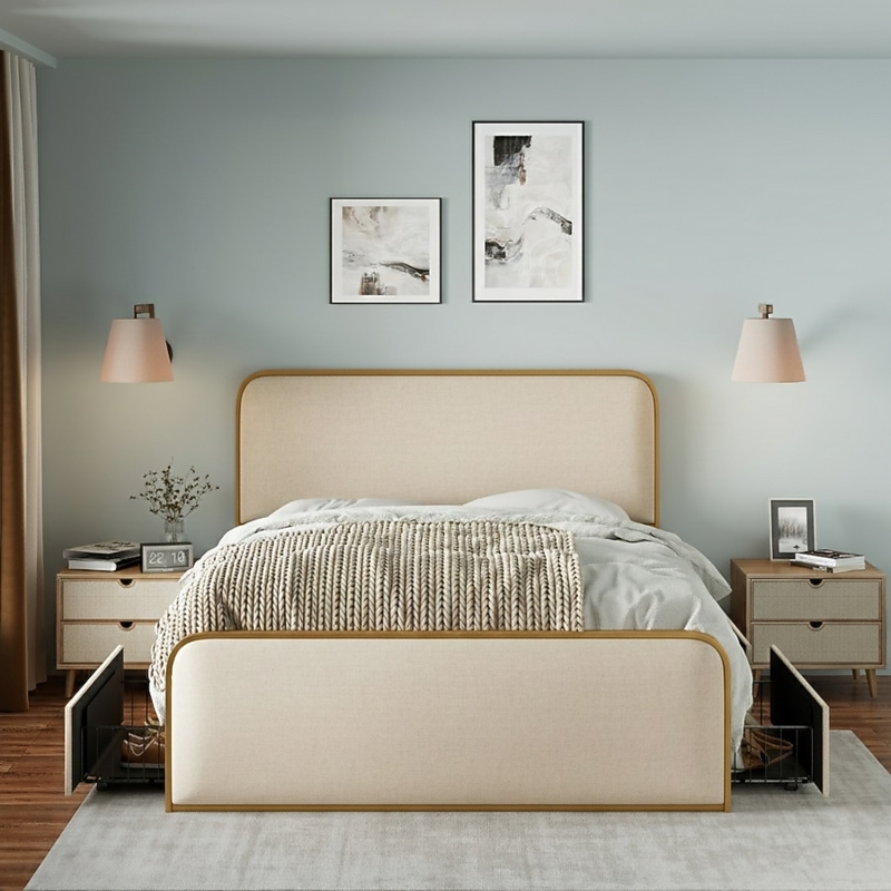 Bed Frame Gold Metal Integrated Storage, Modern Glam Curved Silhouette