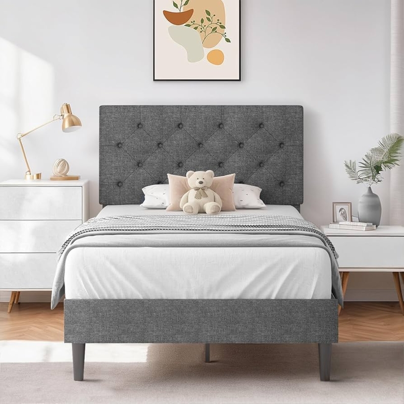 Bed Frame Gray Linen Mid Century Modern Button Tufted Tapered Legs