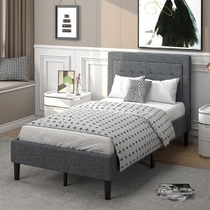 Bed Frame Grey Upholstered Twin Size Button Tufted Charcoal