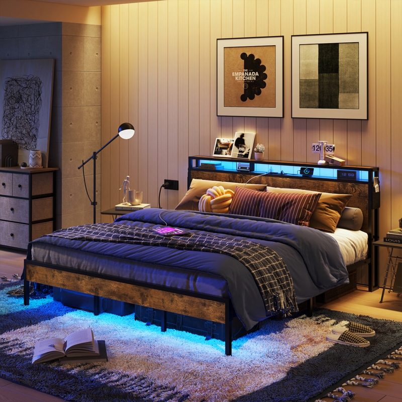Bed Frame LED Lighting Storage Headboard Charging Station