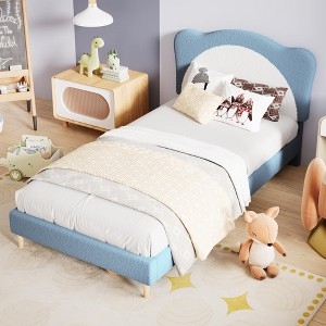 Bed Frame Light Blue Two-Tone Scalloped Headboard Velvet Look