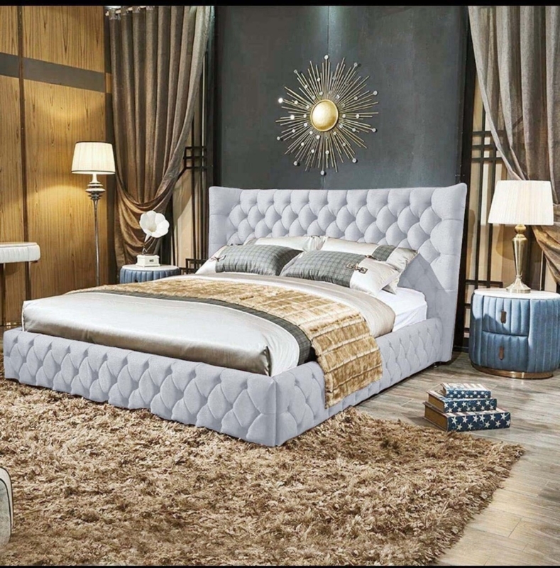 Bed Frame Light Grey Velvet Wingback with Deep Diamond Tufting