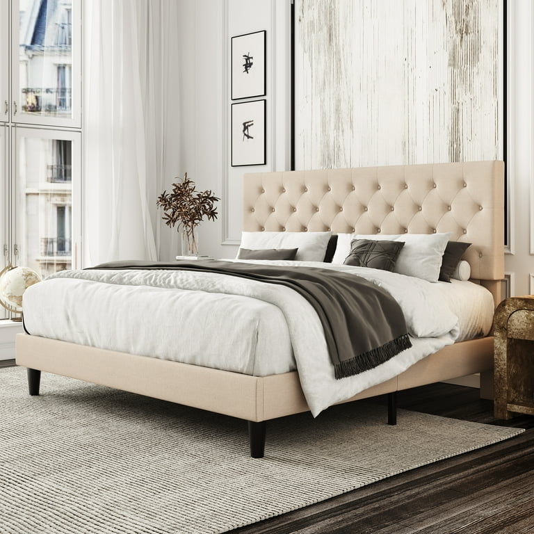 Bed Frame Linen-Like Diamond Button Tufted Headboard Low Profile