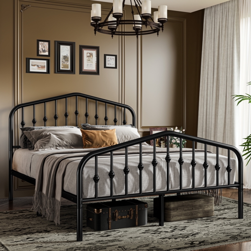 Bed Frame Matte Black Arched Spindle Headboard Victorian Style