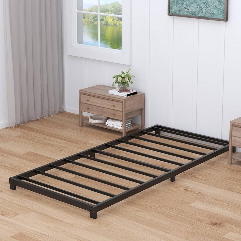 Bed Frame Matte Black Finish Slatted Metal Base Low Profile Design
