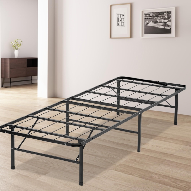 Bed Frame, Matte Black Folding Metal, Grid Slat Foundation.