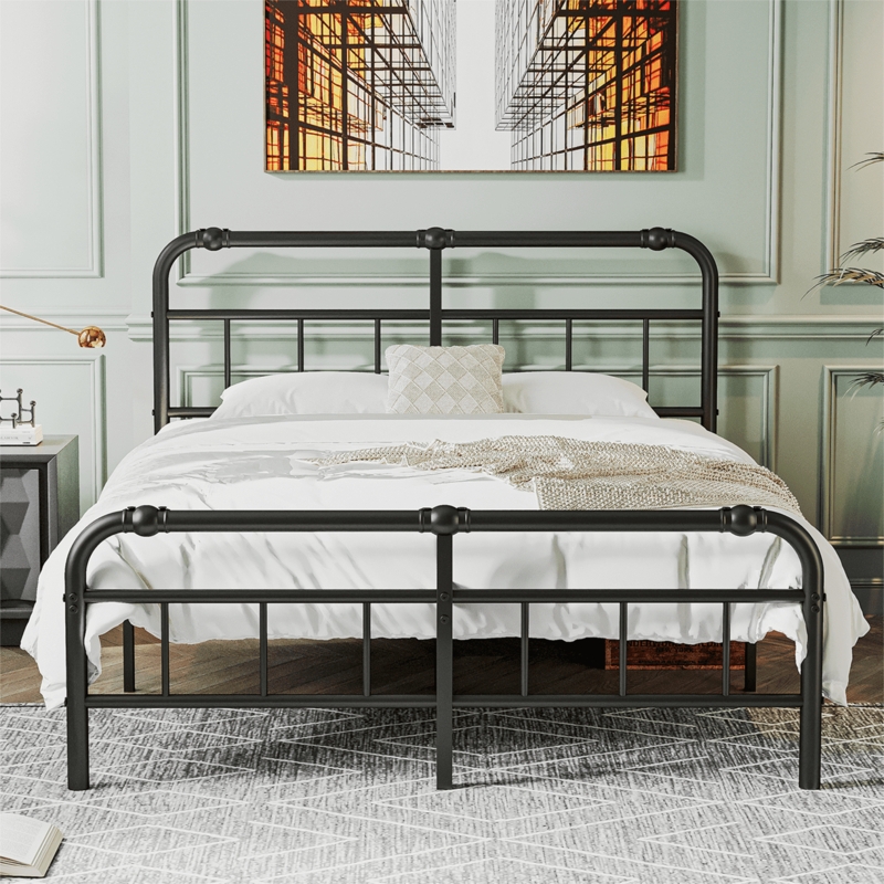Bed Frame Matte Black Metal Industrial Pipe Style Platform