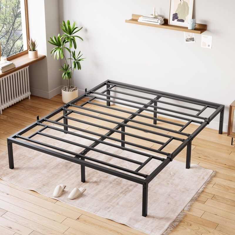 Bed Frame, Matte Black Metal Platform with Steel Slats