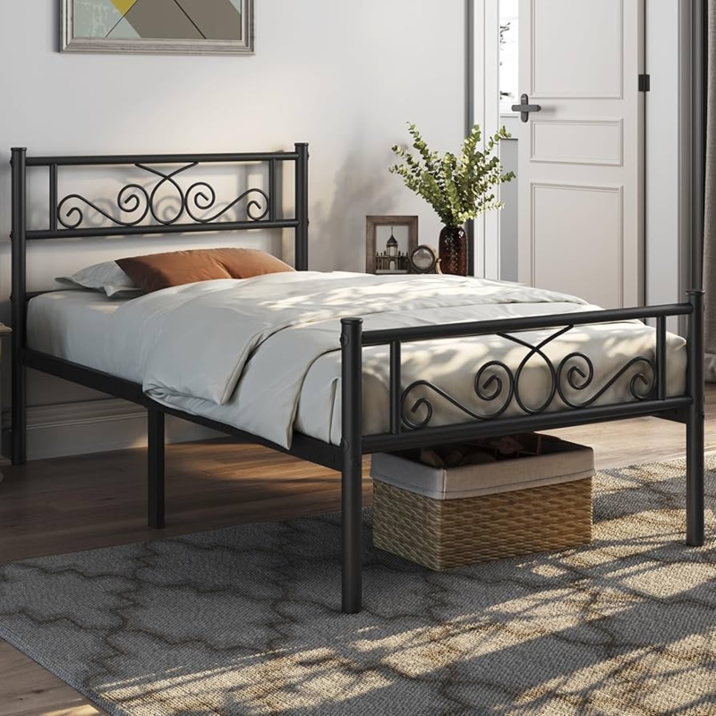 Bed Frame Matte Black Metal Scrollwork Headboard Traditional Farmhouse