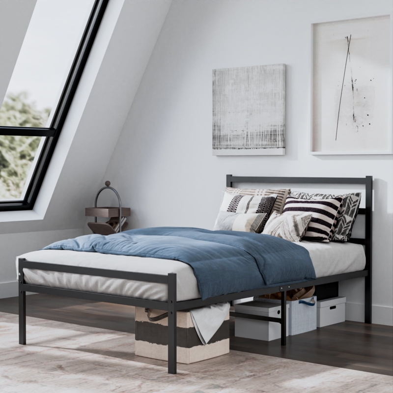 Bed Frame Matte Black Metal Slatted Headboard Underbed Storage Potential