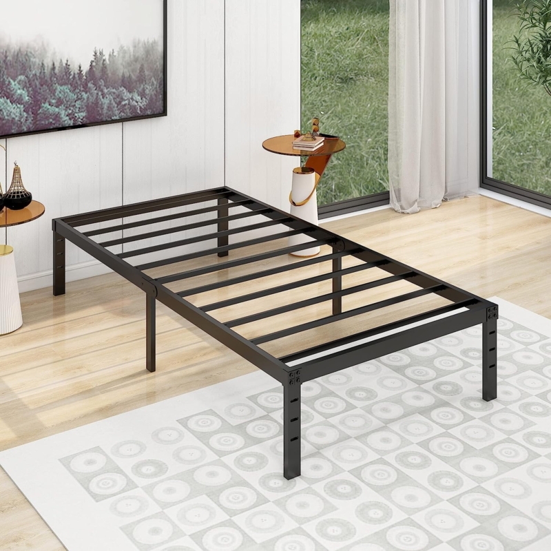 Bed Frame Matte Black Metal with Dense Slat System Support