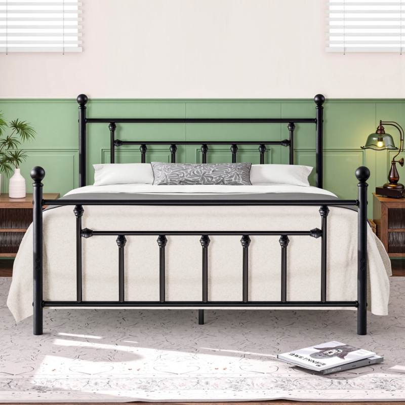 Bed Frame, Matte Black Metal with Vintage Spindle Detail