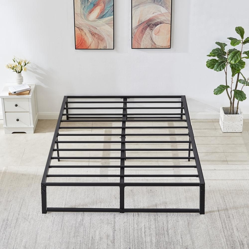 Bed Frame, Matte Black Steel with Slatted Platform Design