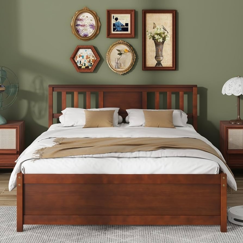 Bed Frame Mid Century Walnut Finish with Slatted Headboard Design