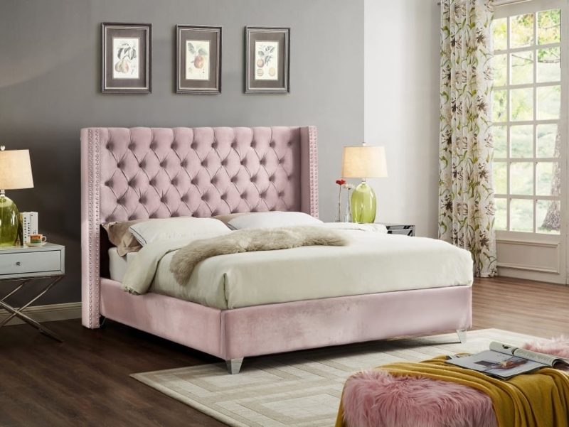 Bed Frame Modern Glam, Blush Pink Velvet Channel Tufted Wingback Gold Legs