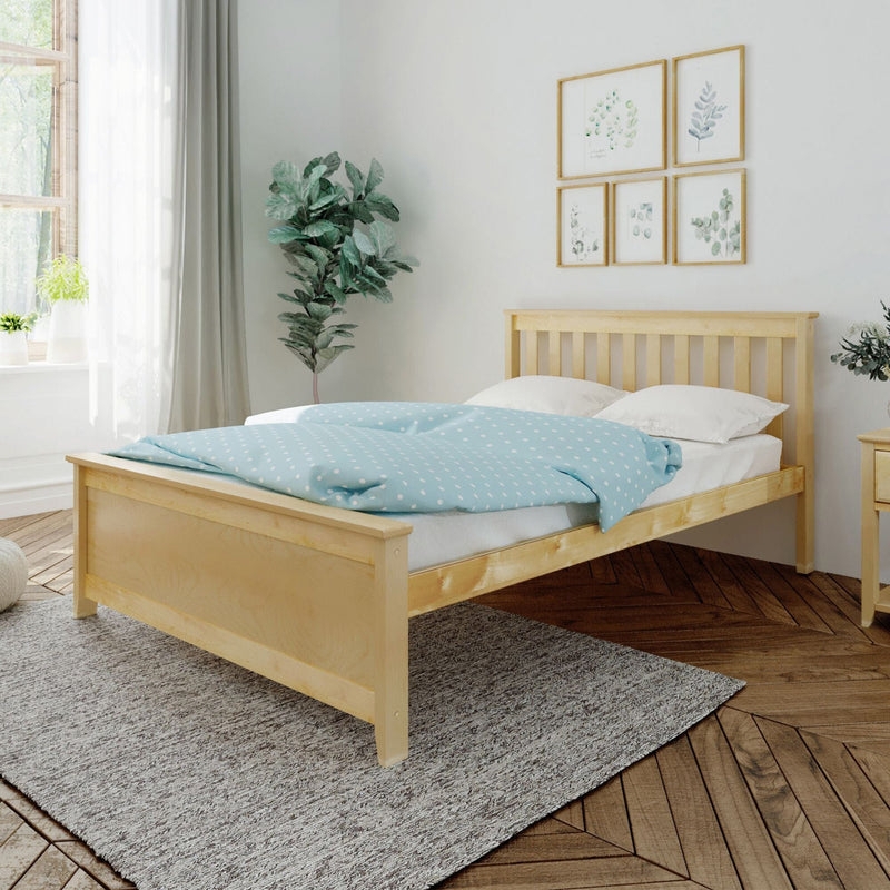 Bed Frame, Natural Wood with Slatted Headboard and Panel Footboard