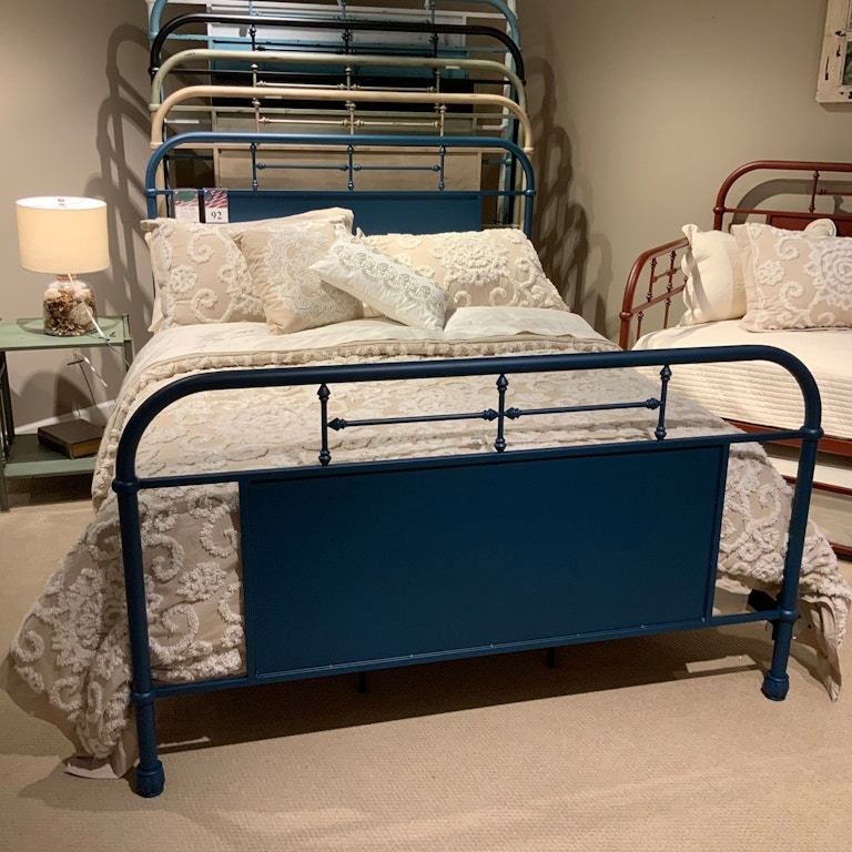 Bed Frame Navy Blue Finish Spindle Design Solid Panel Footboard