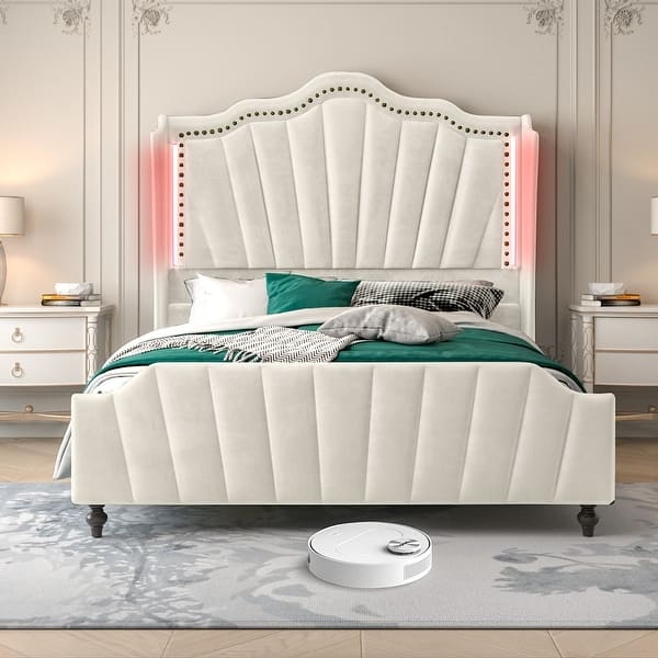 Bed Frame Off White Scalloped Wingback Headboard LED Lighting