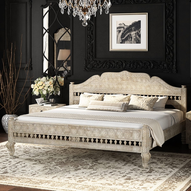 Bed Frame, Ornate Whitewashed Carvings, Arched Silhouette