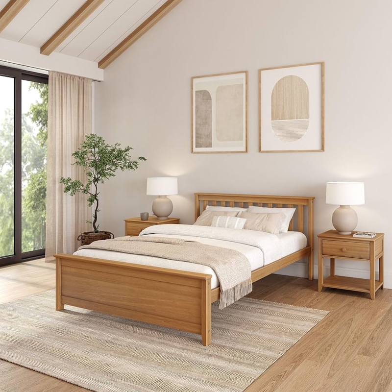 Bed Frame Pecan Finish Slatted Headboard Solid Wood Bed Frame