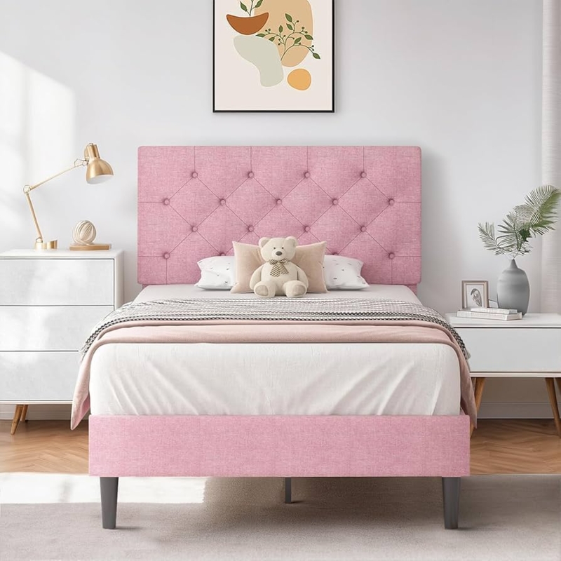Bed Frame Pink Button Tufted Linen Twin Size with Tapered Legs