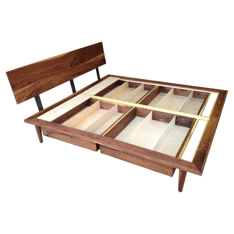 Bed Frame Rich Walnut Flat Panel Headboard Storage Drawers MCM