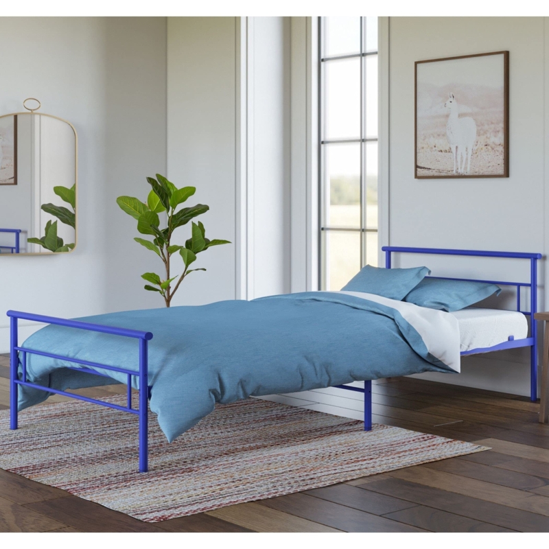 Bed Frame, Royal Blue Metal, Minimalist Linear Design for Kids