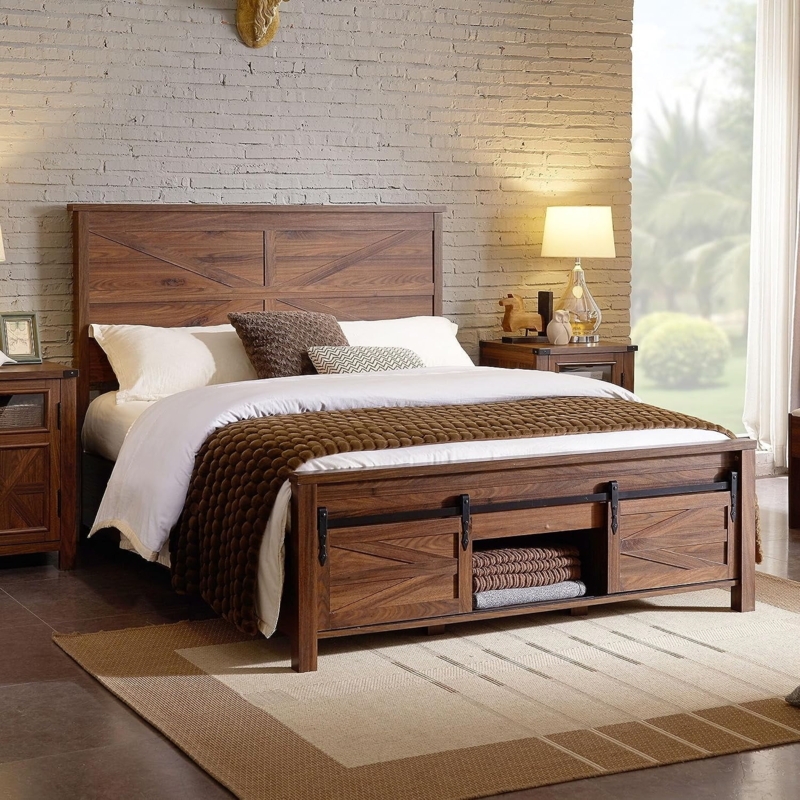 Bed Frame, Rustic Brown with Sliding Barn Door Storage