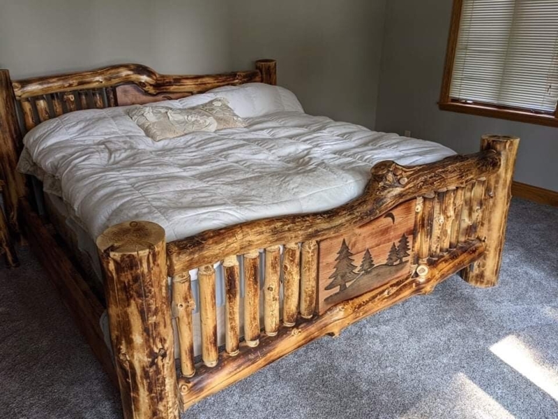 Bed Frame Rustic Log Construction Carved Mountain Panel Lodge Style