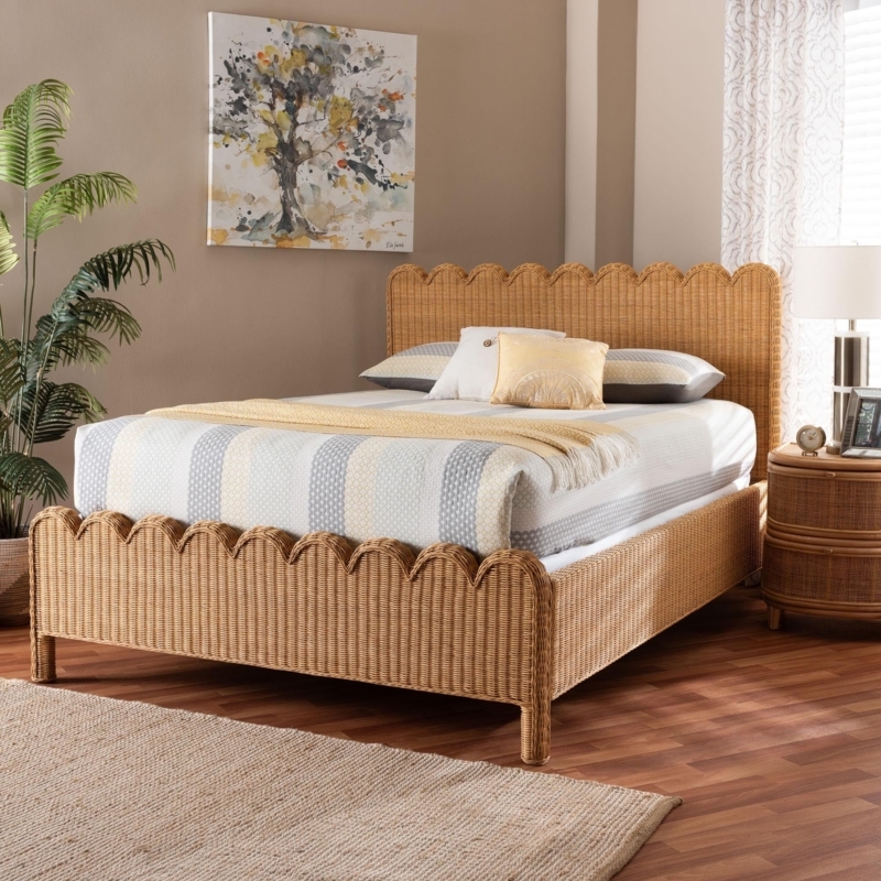Bed Frame Scalloped Rattan Bed Frame Handwoven Wicker Boho Edge