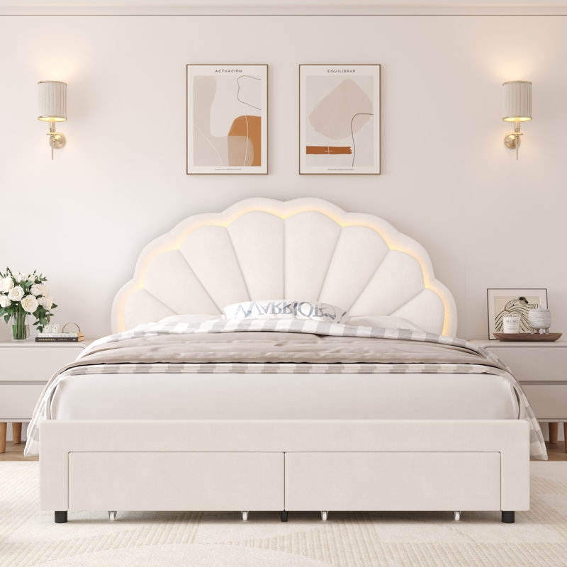 Bed Frame Scalloped Shell Headboard LED Lighting Under Bed Storage