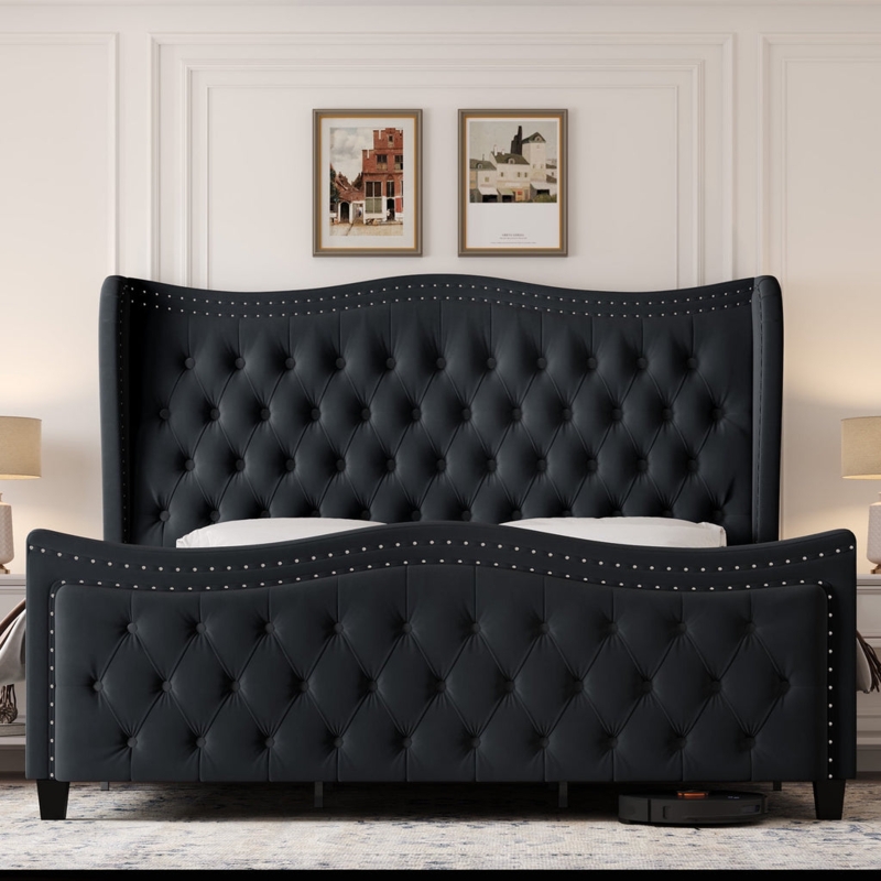 Bed Frame Scalloped Wingback Nailhead Trim Velvet Upholstered