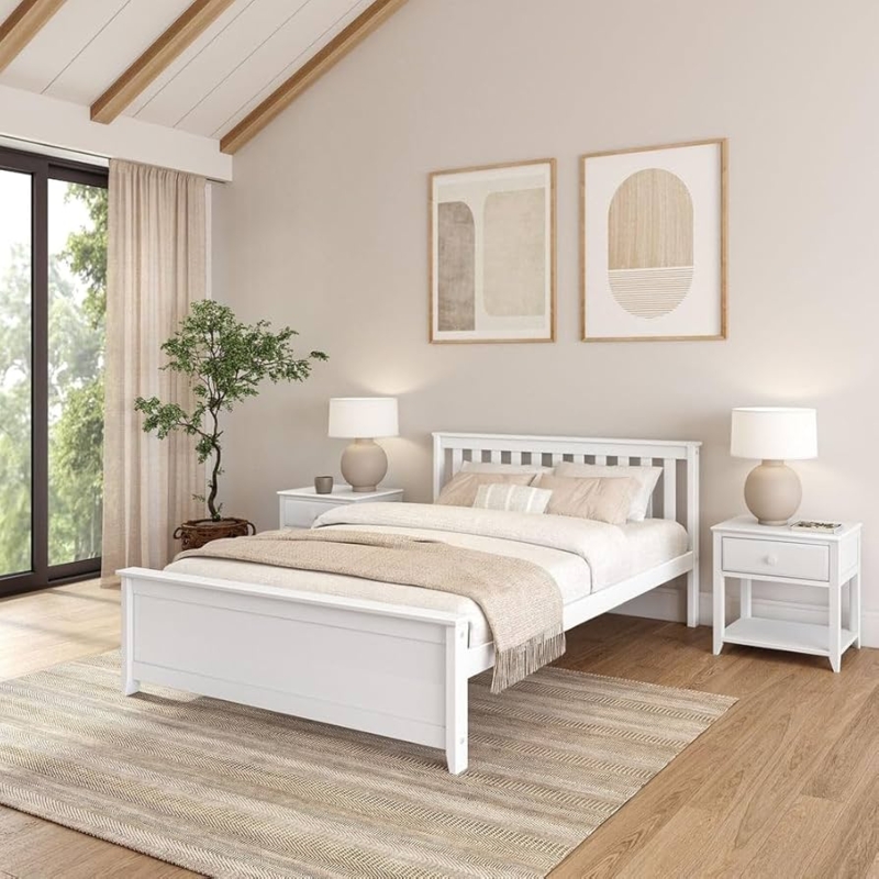 Bed Frame, Slatted Wood Headboard for Coastal Scandinavian Bedroom