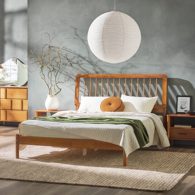 Bed Frame Spindle Headboard Honey Wood Finish Mid-Century Modern