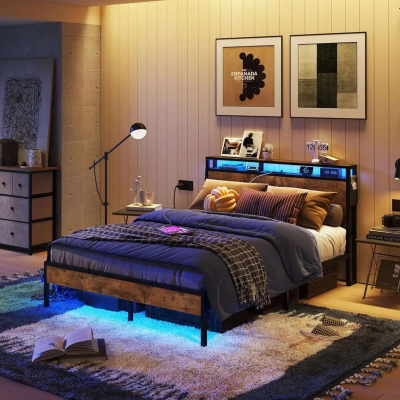 Bed Frame, Storage Headboard with Blue LED Accents, Wood and Metal
