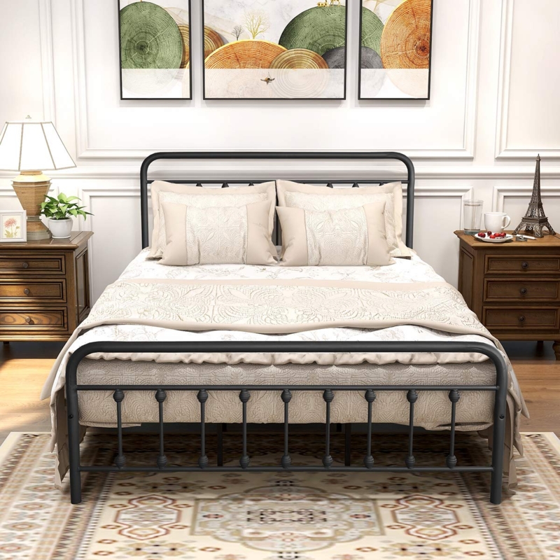 Bed Frame Textured Black Metal Spindle Headboard Farmhouse