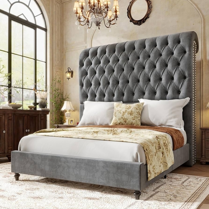 Bed Frame Transitional Velvet Extra Tall Wingback Silver Nailhead Trim