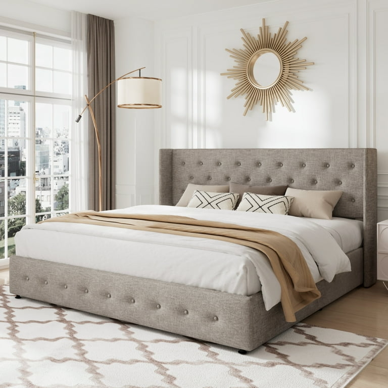 Bed Frame Tufted Base Button Tufted Wingback Light Beige Transitional