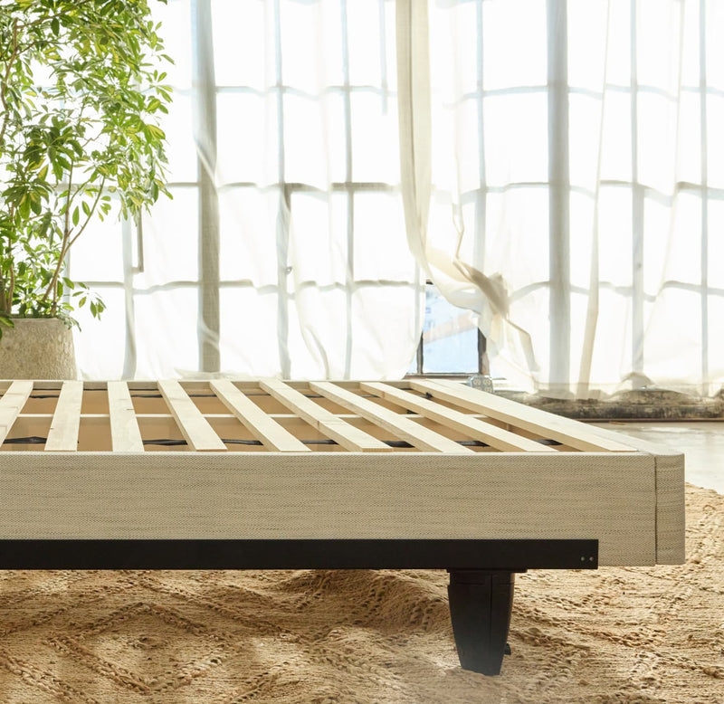 Bed Frame Upholstered Rails Wood Slats Black Metal Legs Minimalist Base