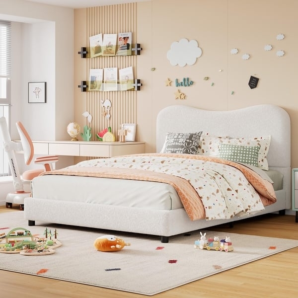Bed Frame Upholstered Scalloped Headboard Cream Velvet Kids Room