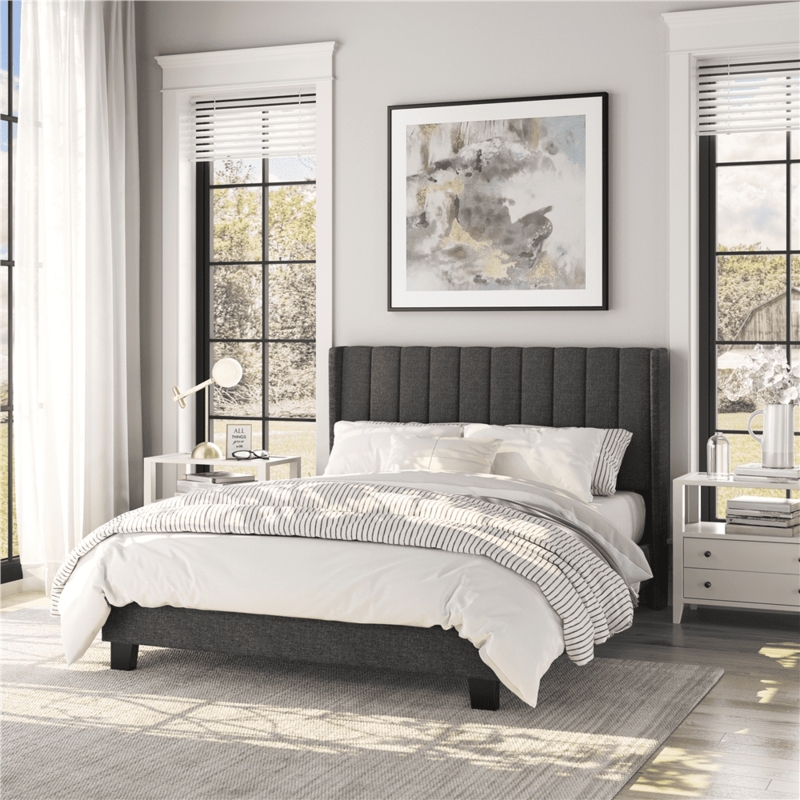 Bed Frame Upholstered Vertical Channel Tufted Wingback Silhouette
