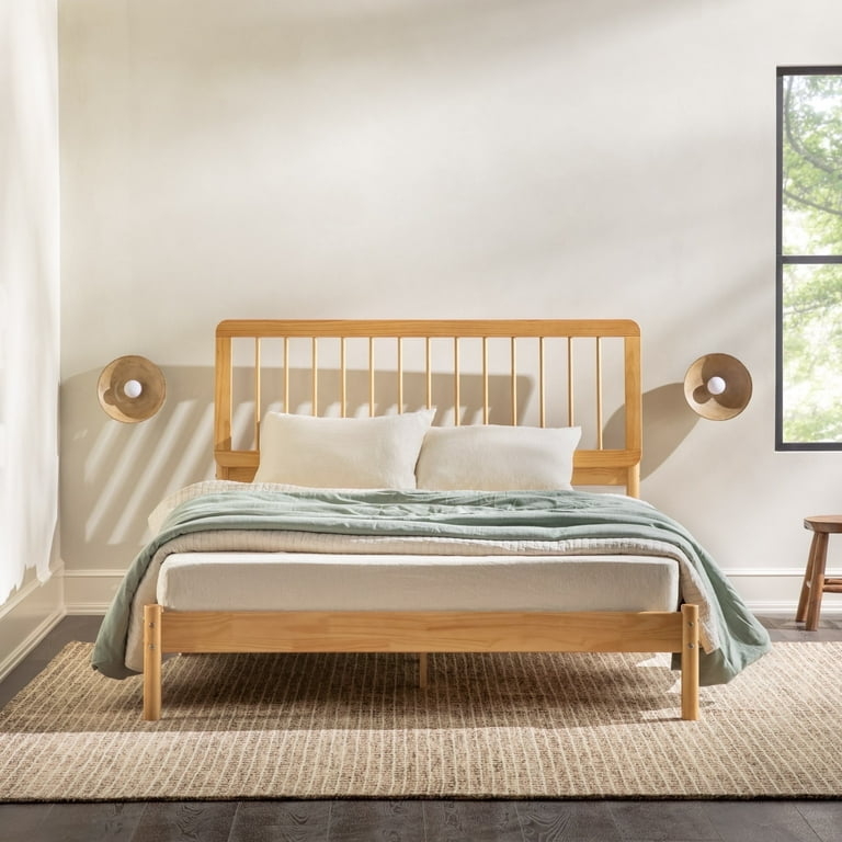 Bed Frame Vertical Slats Natural Pine Finish Tapered Cylindrical Legs