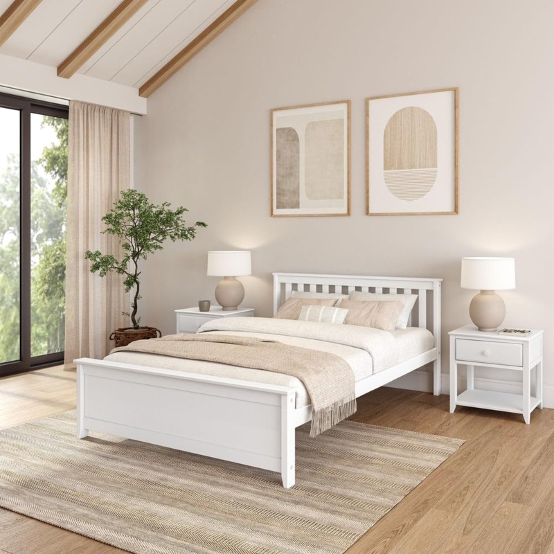 Bed Frame Vertical Slatted Headboard in Coastal Modern Style
