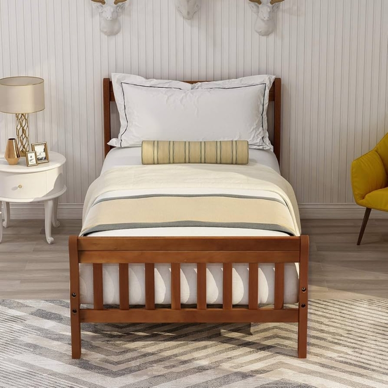 Bed Frame Walnut Finish Slatted Footboard Mid Century Platform