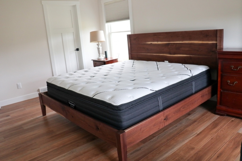 Bed Frame Walnut Toned Slab Headboard Natural Wood Grain Tapered Legs
