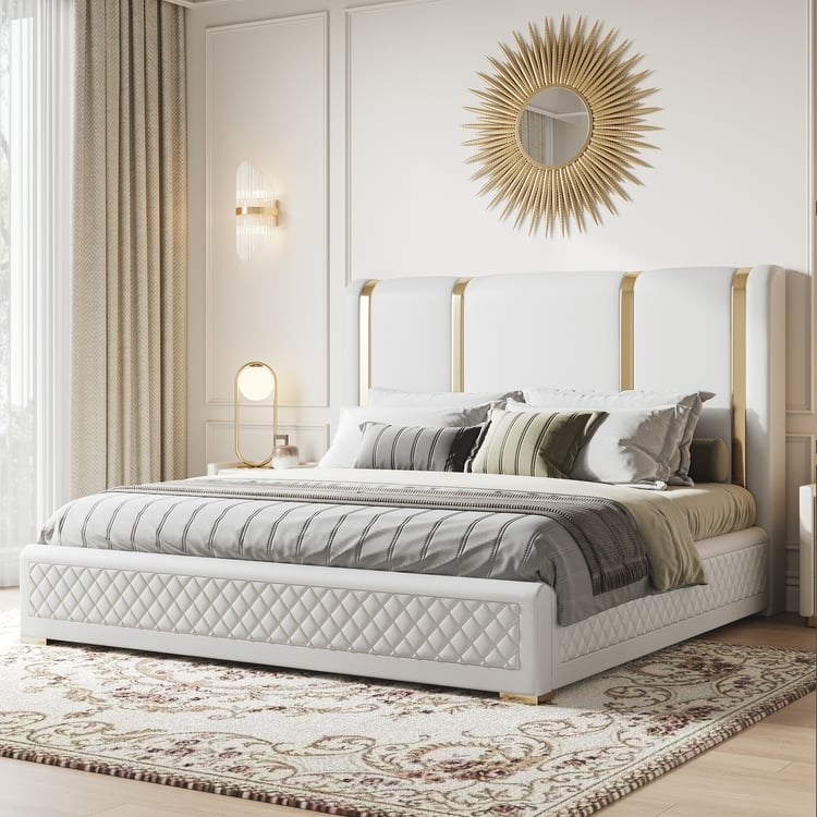 Bed Frame: White Gold Metal Accents & Diamond Quilted Modern Glam