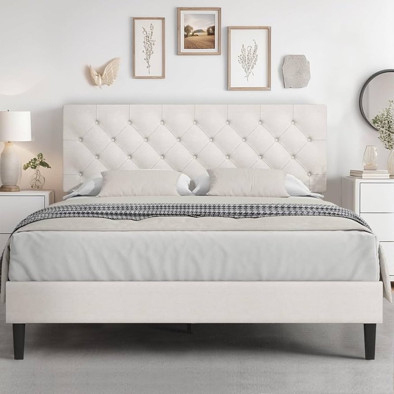 Bed Frame White High Profile Headboard Diamond Tufted Linen Queen Bed