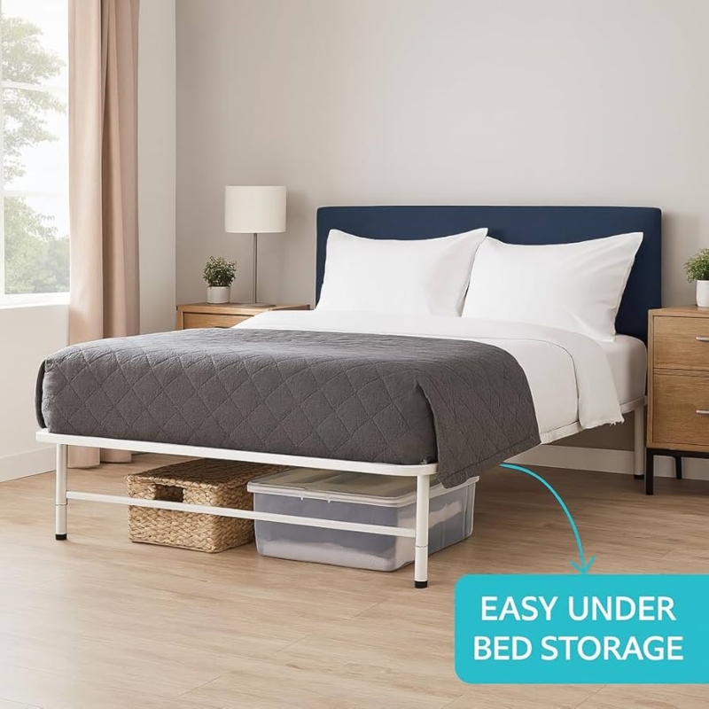 Bed Frame White Metal High Clearance Platform Storage Solution