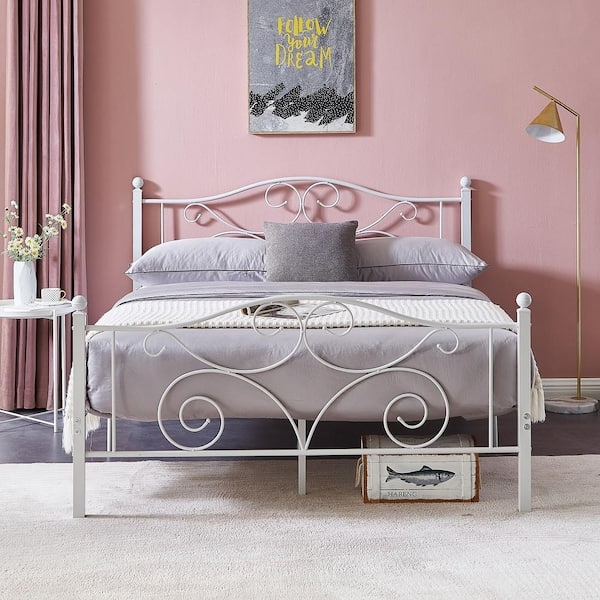 Bed Frame White Metal Scrollwork Ball Finials Vintage Style Queen